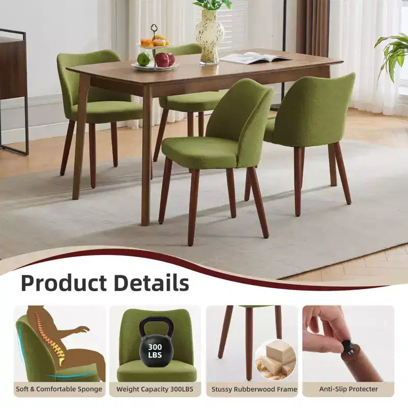 Lot de 6 chaises de salle à manger modernes à dossier ailé, rembourrées en lin avec pieds en bois, coussins épais, peu encombrantes, pour la cuisine