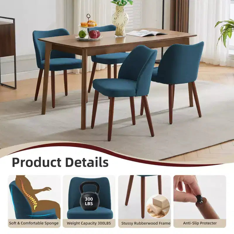 Lot de 6 chaises de salle à manger modernes à dossier ailé, rembourrées en lin avec pieds en bois, coussins épais, peu encombrantes, pour la cuisine