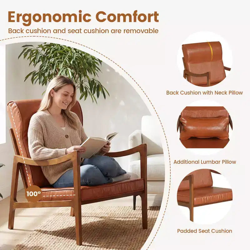 Fauteuil rembourré en tissu de lin, 1 ou 2 pièces, avec oreiller lombaire, dossier amovible, coussins d'assise beige/marron