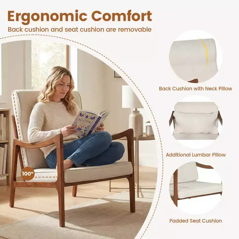 Fauteuil rembourré en tissu de lin, 1 ou 2 pièces, avec oreiller lombaire, dossier amovible, coussins d'assise beige/marron