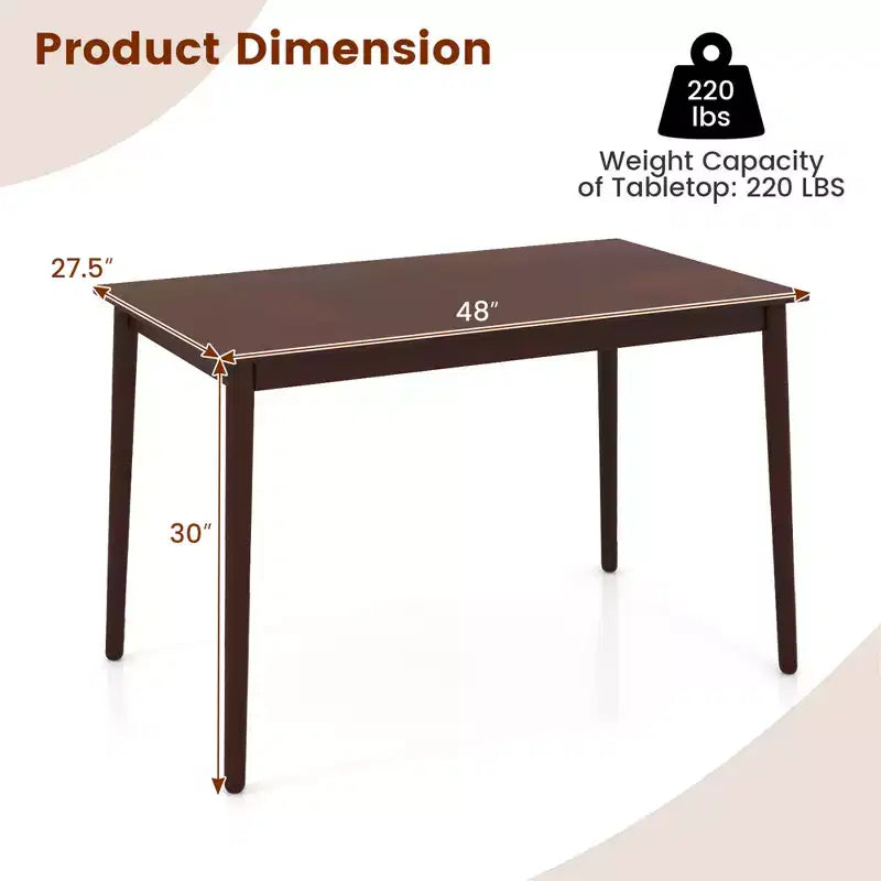 Table à manger rectangulaire 48" pour 4 personnes avec pieds en bois d'hévéa, style moderne du milieu du siècle
