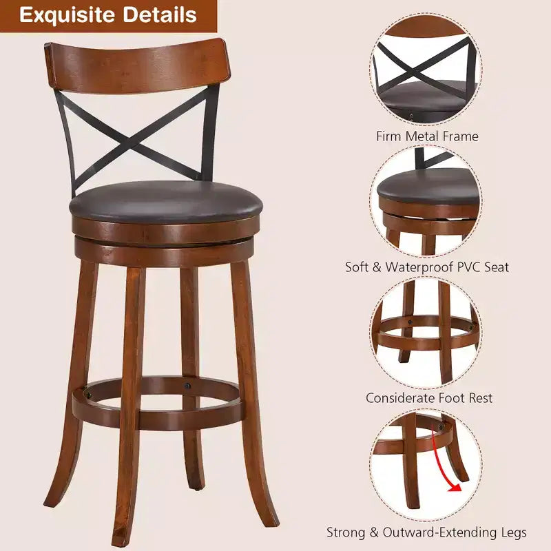 Lot de 4 tabourets de bar pivotants de 75 cm avec pieds en bois d'hévéa