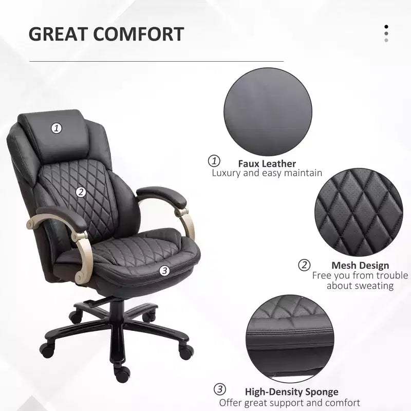 Chaise de bureau exécutive grande taille avec siège large, chaise de bureau d'ordinateur à dossier haut, hauteur réglable et roulettes pivotantes