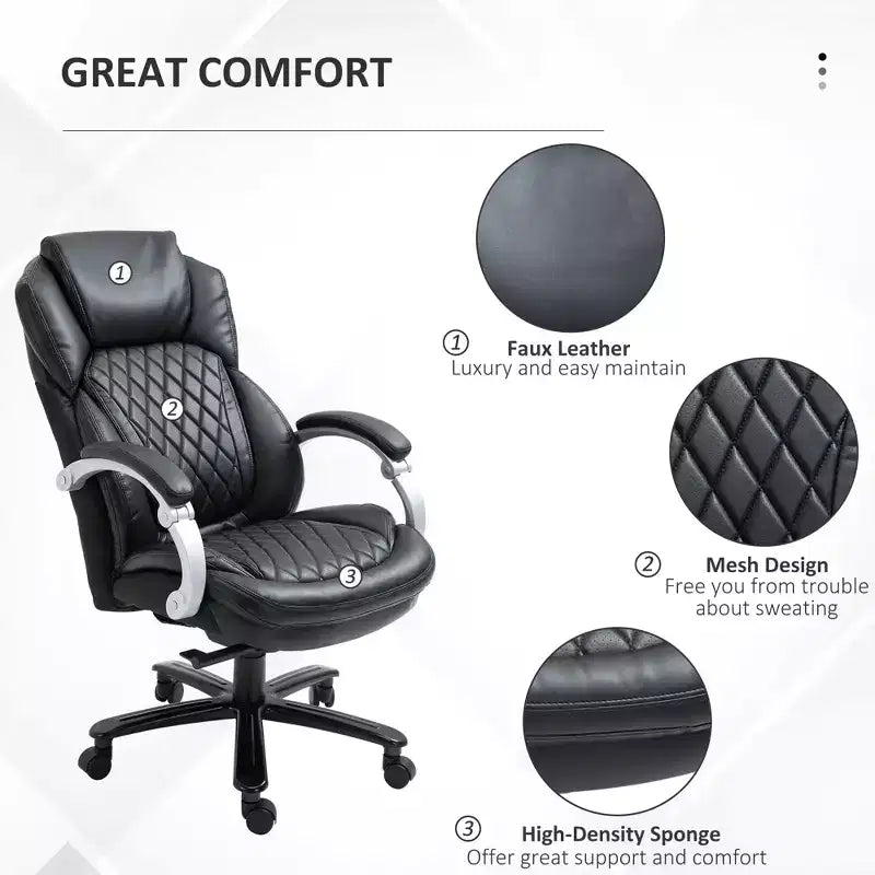 Chaise de bureau exécutive grande taille avec siège large, chaise de bureau d'ordinateur à dossier haut, hauteur réglable et roulettes pivotantes