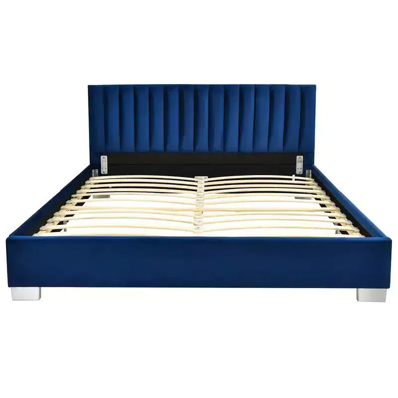 Cadre de lit rembourré pleine taille, lit plateforme moderne avec tête de lit à canaux verticaux, aucun sommier tapissier requis, bleu marine/gris