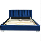 Cadre de lit rembourré pleine taille, lit plateforme moderne avec tête de lit à canaux verticaux, aucun sommier tapissier requis, bleu marine/gris