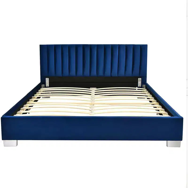Cadre de lit rembourré pleine taille, lit plateforme moderne avec tête de lit à canaux verticaux, aucun sommier tapissier requis, bleu marine/gris