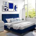Cadre de lit rembourré pleine taille, lit plateforme moderne avec tête de lit à canaux verticaux, aucun sommier tapissier requis, bleu marine/gris