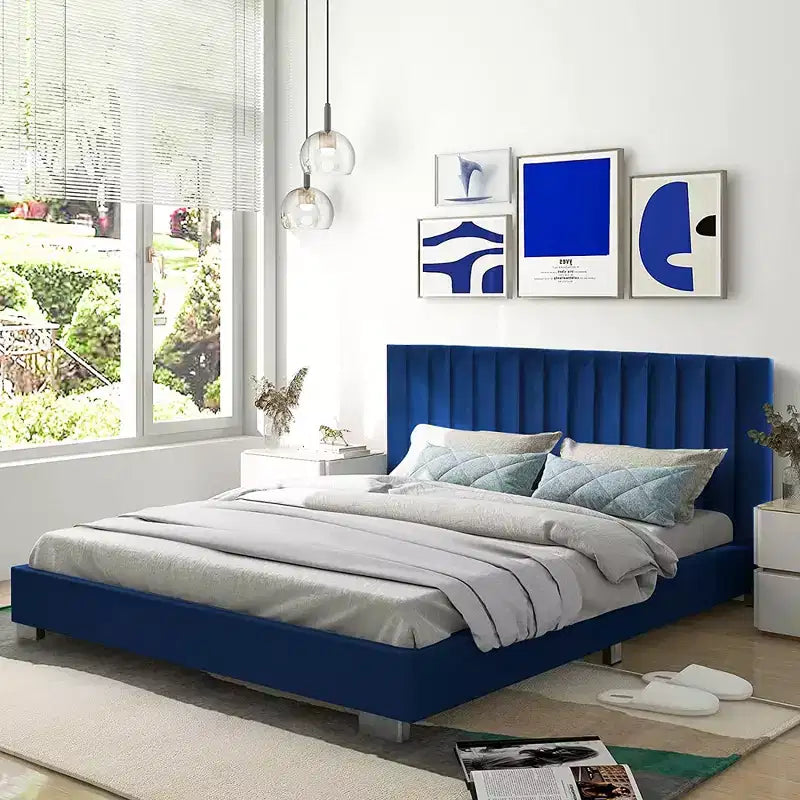 Cadre de lit rembourré pleine taille, lit plateforme moderne avec tête de lit à canaux verticaux, aucun sommier tapissier requis, bleu marine/gris