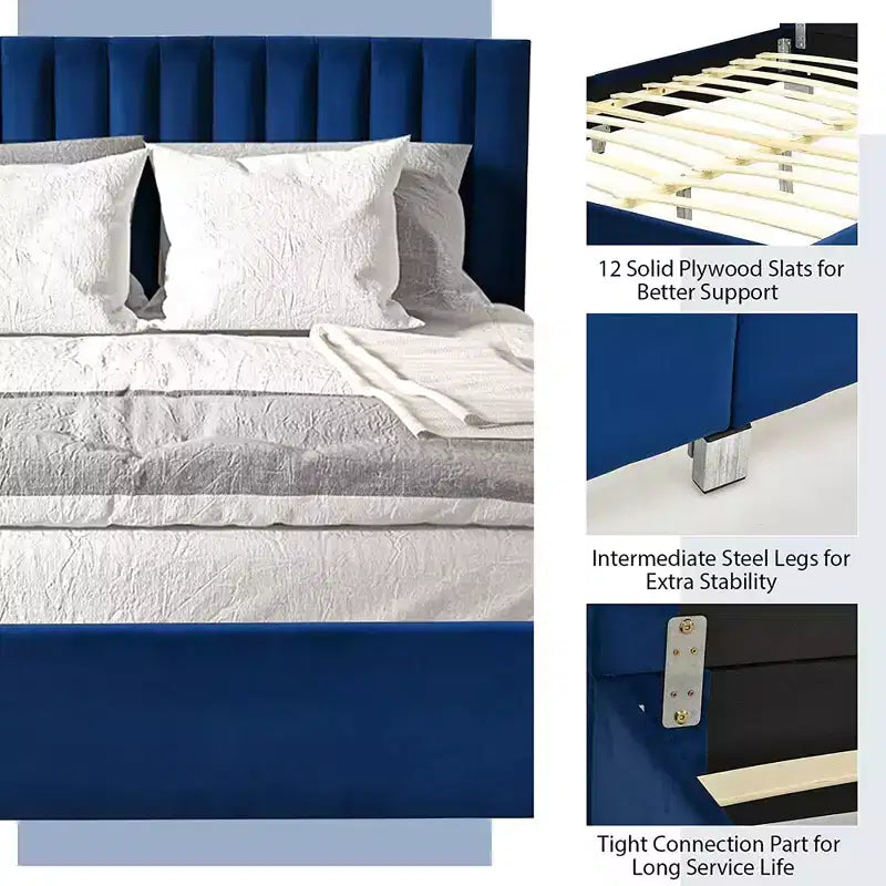 Cadre de lit rembourré pleine taille, lit plateforme moderne avec tête de lit à canaux verticaux, aucun sommier tapissier requis, bleu marine/gris