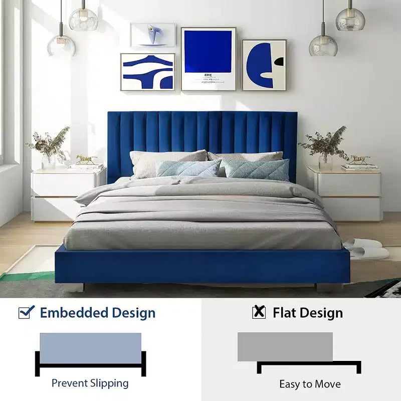 Cadre de lit rembourré pleine taille, lit plateforme moderne avec tête de lit à canaux verticaux, aucun sommier tapissier requis, bleu marine/gris