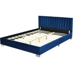 Cadre de lit rembourré pleine taille, lit plateforme moderne avec tête de lit à canaux verticaux, aucun sommier tapissier requis, bleu marine/gris